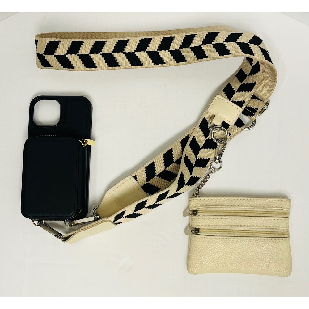 Girlie Girls Black Cream iPhone 15 Case/ Chevron Crossbody Strap/ Coin Pouch Set